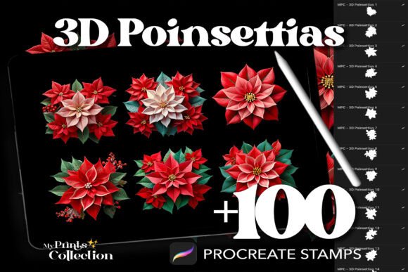 100 Procreate 3D Poinsettias Stamps: Elevate Your Holiday Artwork with Digital Flair