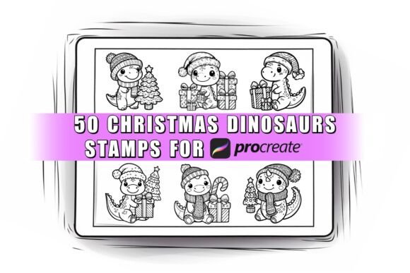 50 Christmas Dinosaur Procreate Stamps