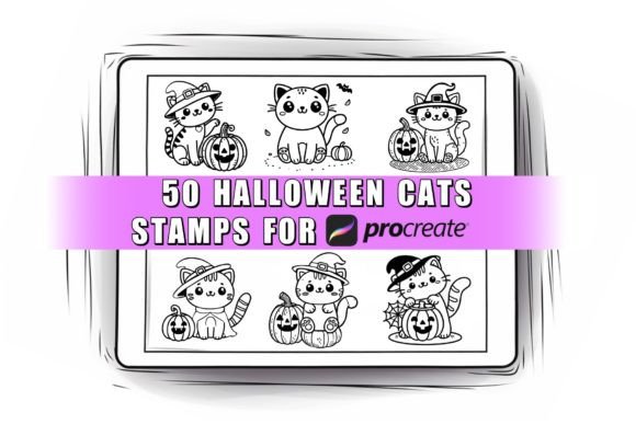 50 Halloween Cat Procreate Stamps for Creative Design Projects